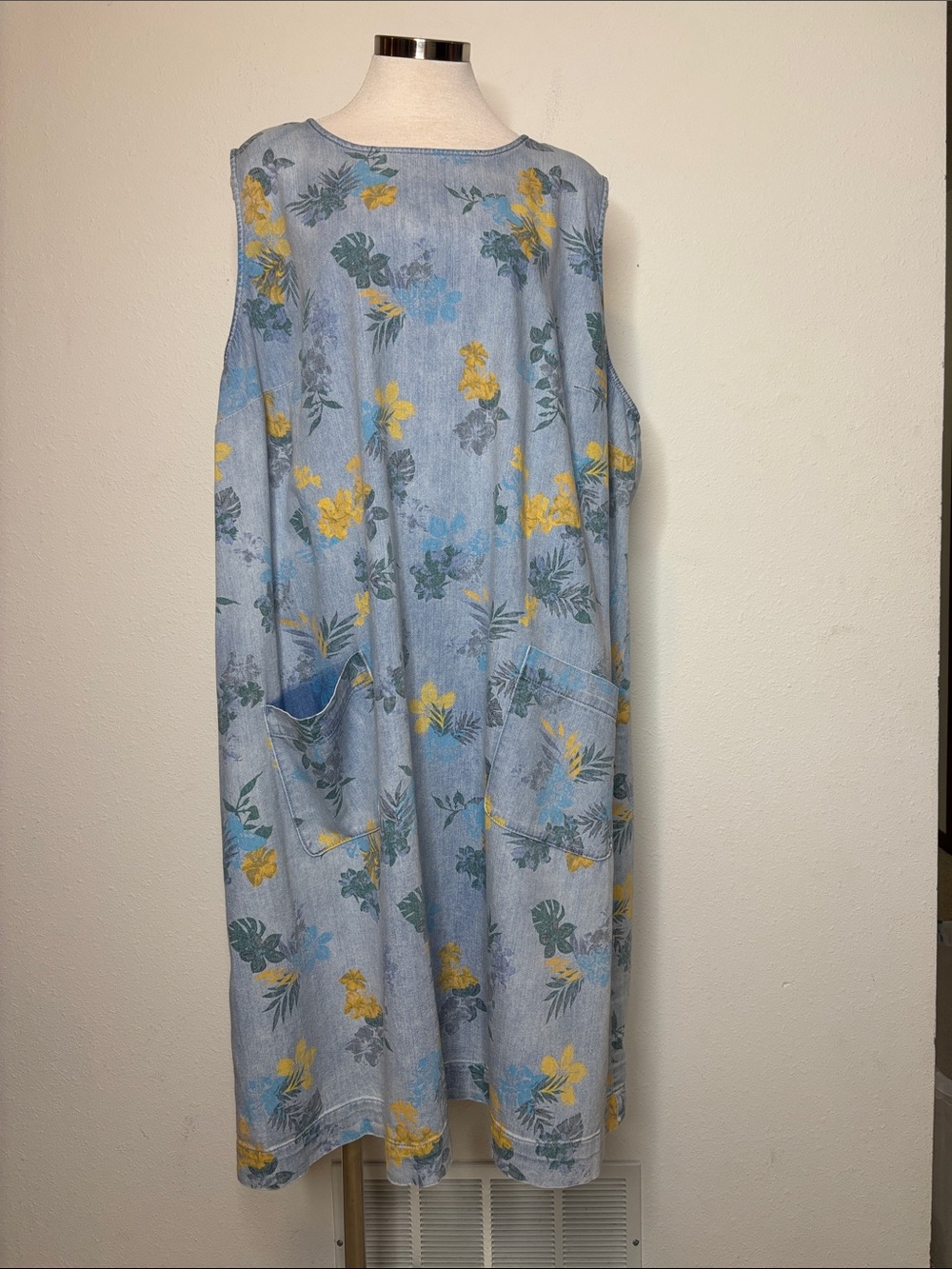 CJ Banks Light Blue Floral Midi Dress with Yellow and Green Accents